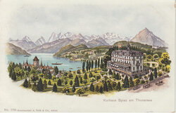 [Bitte in "Englisch" übersetzen:] Das historische Hotel Eden Spiez mit Niesen, Postkarte, Panorama